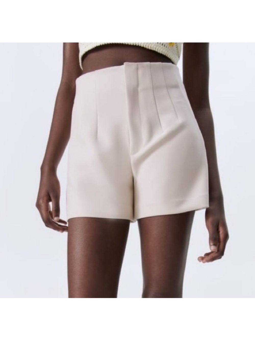 Zara Cream High-Waist Pleated Shorts